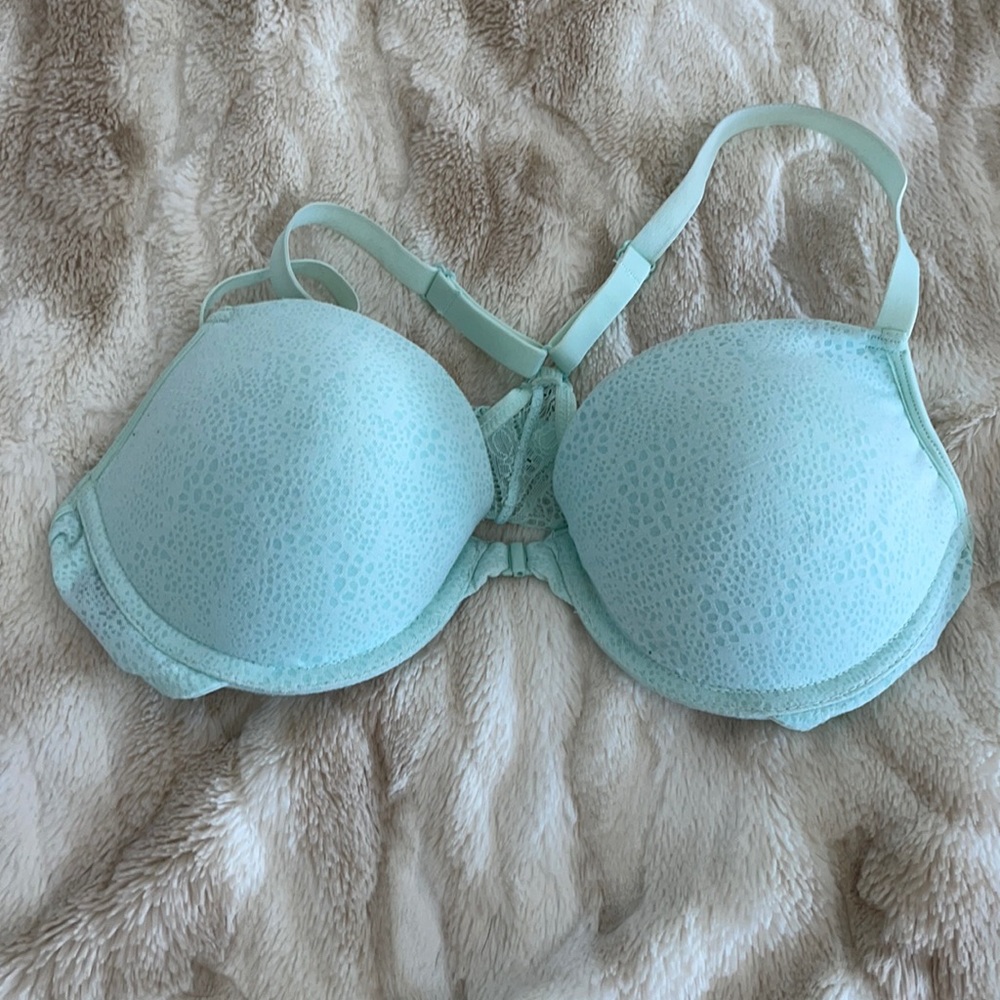 Light blue front hook racer back bra 34c